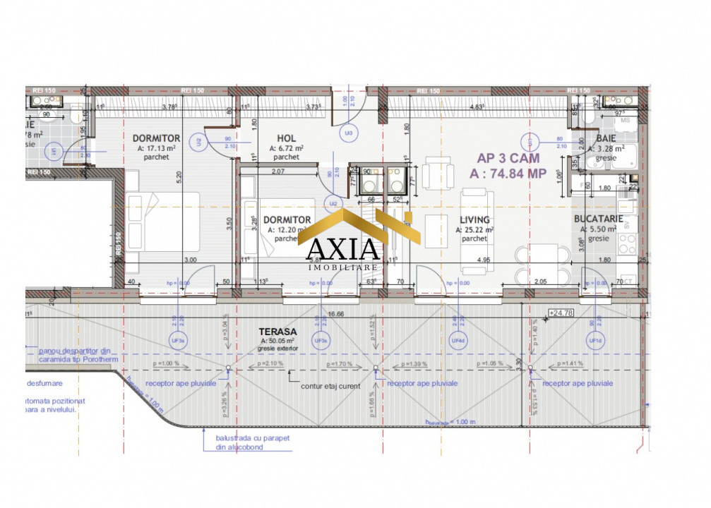 Apartament 3 camere, 74,84 mp + terasă 50 mp, etaj retras – Eroilor